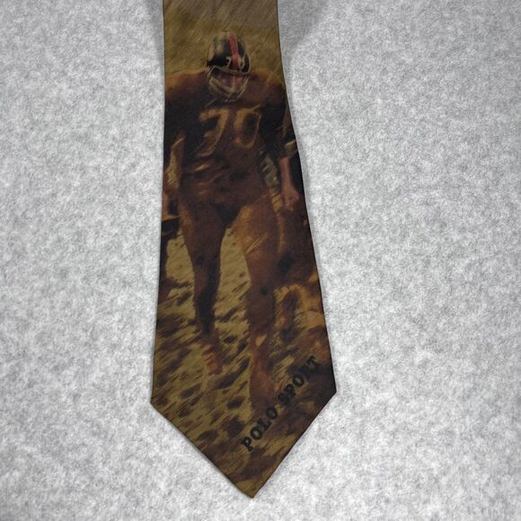 Polo Ralph Lauren Tie Mens Brown Silk Football Player Print Polo Sport Made USA - Picture 6 of 15
